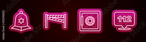 Set line British police helmet, Crime scene, Safe and Telephone call 112. Glowing neon icon. Vector