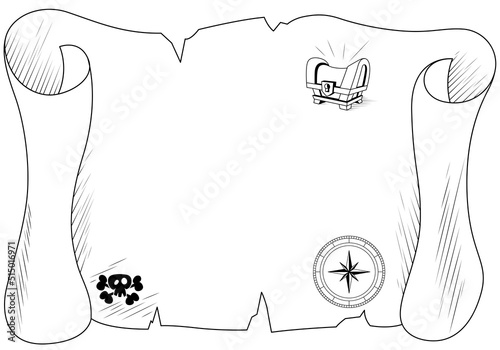 An empty black and white horizontal blank, a lined piece of paper for a message in a bottle, or a treasure map for children. Treasure map with compass, chest and skull. Vector illustration