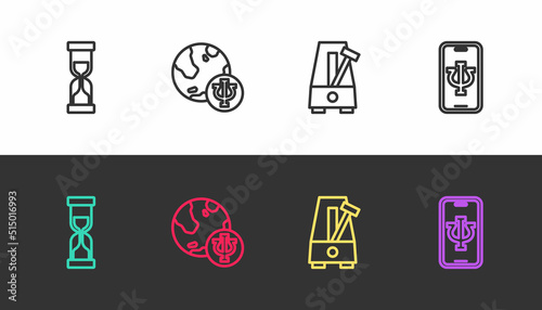 Set line Old hourglass, Psychology, Psi, Metronome with pendulum and Psychologist online on black and white. Vector