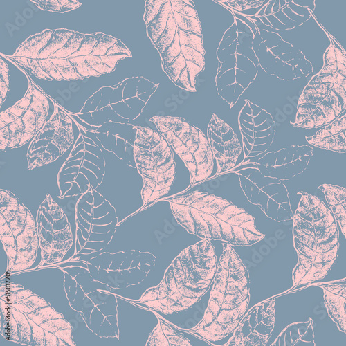 Seamless pattern with graphic  leaves on gray background.  Vector version.