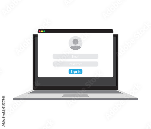 Laptop window enter password. Computer window registration. Vector illustration. stock image. 