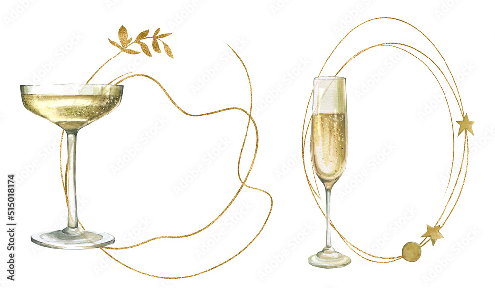 Watercolor clipart of champagne glasses and golden frames. Champagne