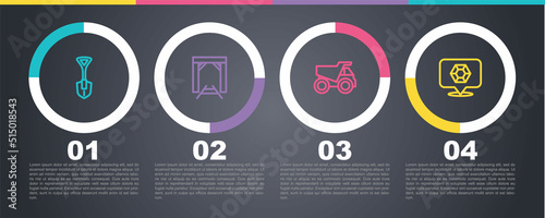 Set line Shovel, Mine entrance, Mining dump truck and Gem stone. Business infographic template. Vector