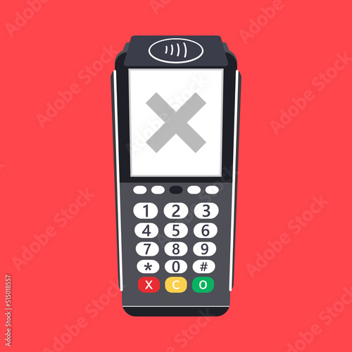 Payment terminal cross. POS terminal with a cross on a red background. Vector illustration. stock image.