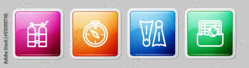 Set line Aqualung, Compass, Flippers for swimming and Water polo. Colorful square button. Vector