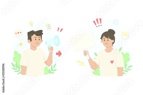 Woman and man with banner and megaphone. Advertising campaign, elections, voting and agitation, offer and management, protests and activism. Vector illustration design