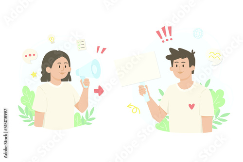 Woman and man with banner and megaphone. Advertising campaign, elections, voting and agitation, offer and management, protests and activism. Vector illustration design