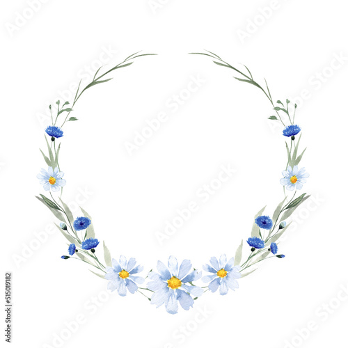 Watercolor wreath with wildflowers isolated on white. Decoration for your design.