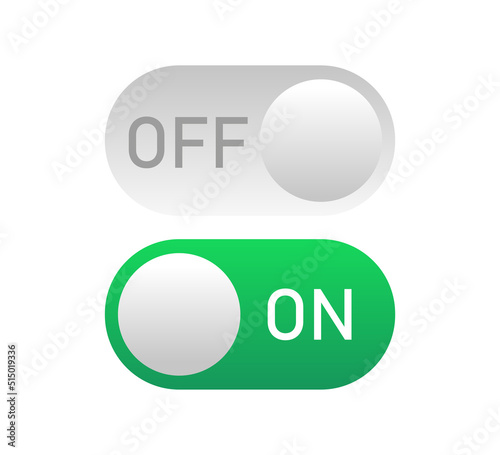 buttons with green on and off. Vector illustration. stock image.