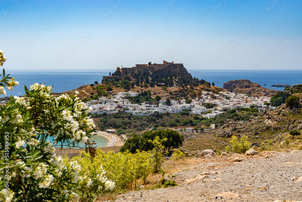 View of Lindos and the ancient acropolis on the hill, Rhodes, Greece.