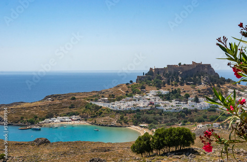 View of Lindos and the ancient acropolis on the hill, Rhodes, Greece. photo