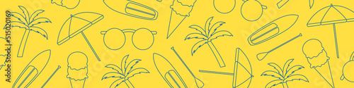summer banner with vacation related icons: palm tree, sunglasses, SUP board and ice crem - vector illustration