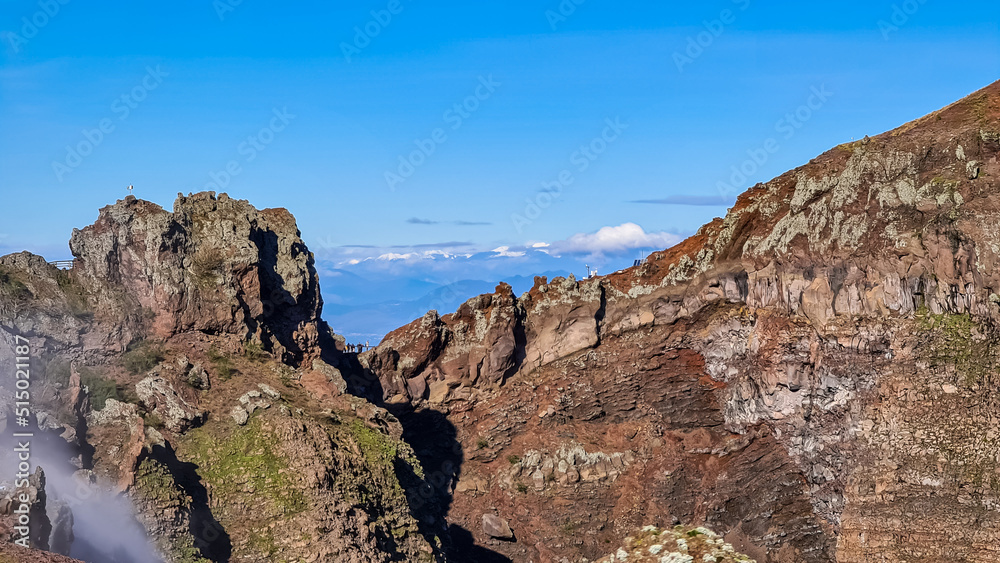 Panoramic view on the edge of the active volcano crater of Mount Vesuvius, Province of Naples, Campania region, Southern Italy, Europe, EU. Volcanic landscape full of stones, ashes and solidified lava