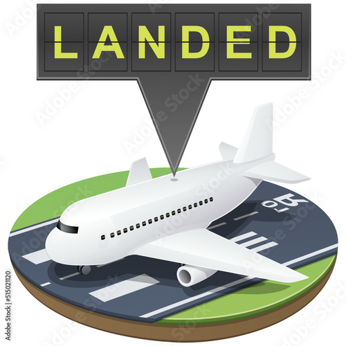 White airliner on a piece of airport runway with an airport board with the inscription landed (cut out)