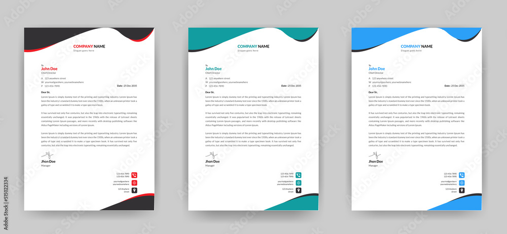 Modern business cool letterhead template, A4 size fully editable print ready with three color variations