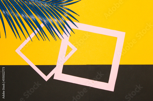 yellow black background with two pink frames as copy space and palm leaf above, creative modern art luxury view, trendy background