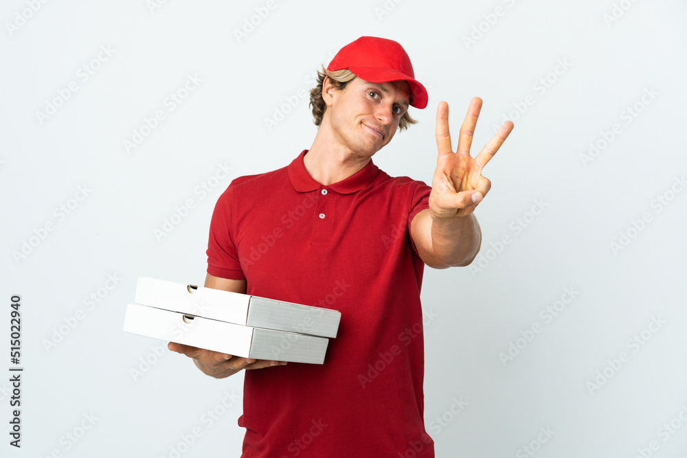 pizza delivery man over isolated white background happy and counting three with fingers pizza delivery man over isolated white background happy and counting three with fingers
