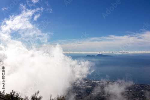Panoramic view from volcano Mount Vesuvius on the bay of Naples, Province of Naples, Campania region, Italy, Europe, EU. Looking at the island of Capri and Mediterranean coastline on a sunny day.