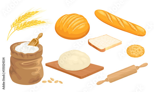 Bakery set. Vector bread, flour in sack, wheat ears, grain, raw dough, rolling pin, cookie, french baguette and toast bread slice. Cartoon illustration.
