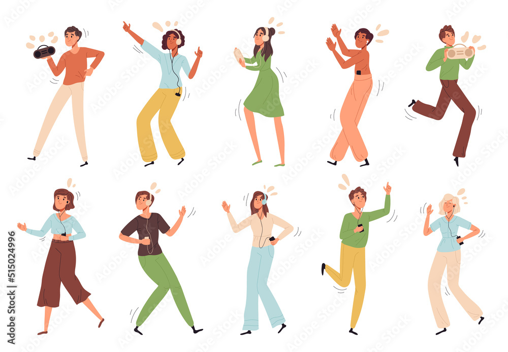 People listening music, man and woman dancing with headphones. Characters listen favorite song with earphones flat vector illustration set. Joyful music lovers