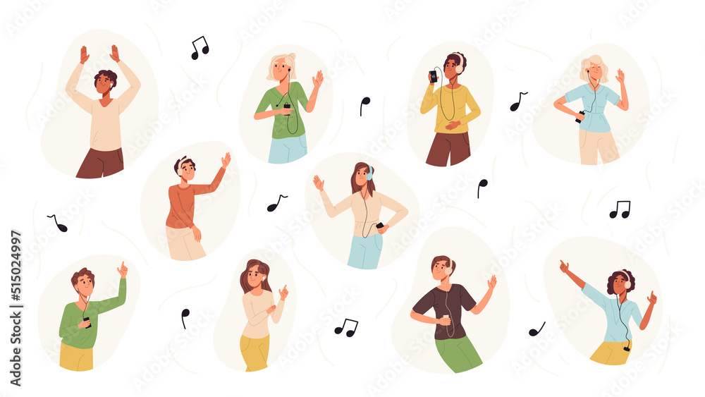 Young people in headphones listening music, dancing music lovers. Happy characters dance to fav song wearing earphones or music column flat vector illustration set. Teen music lovers