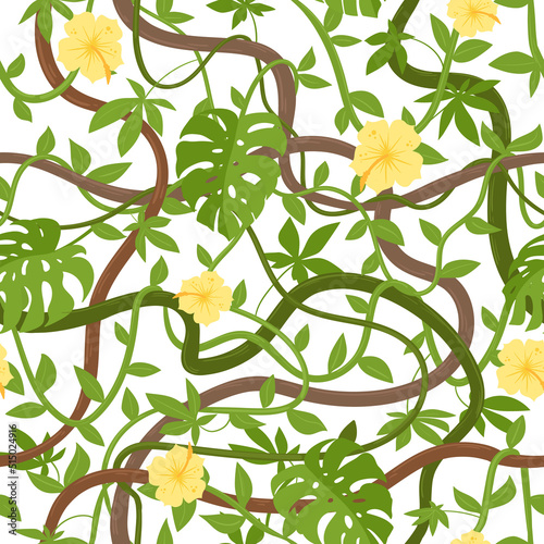 Cartoon jungle liana plants seamless pattern, creepers hanging roots. Rainforest twisted liana vines, tropical climbing sprouts vector background illustration. Jungle hanging lianas