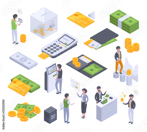 Isometric money investment, successful business profit strategy. Financial analysis and money savings characters vector symbols illustration set. Money flow collection