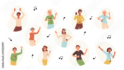 Young people in headphones listening music, dancing music lovers. Happy characters dance to fav song wearing earphones or music column flat vector illustration set. Teen music lovers