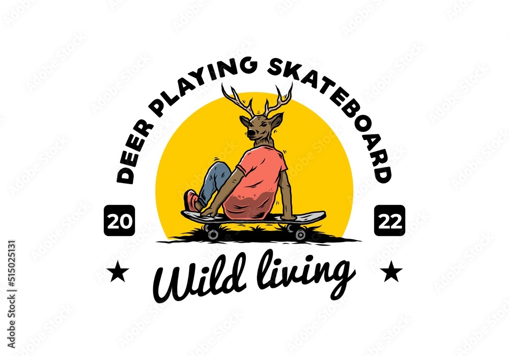 Man with deer head sitting on skateboard illustration