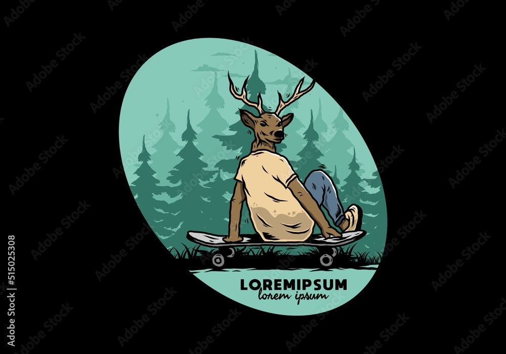 Fototapeta premium Man with deer head sitting on skateboard illustration