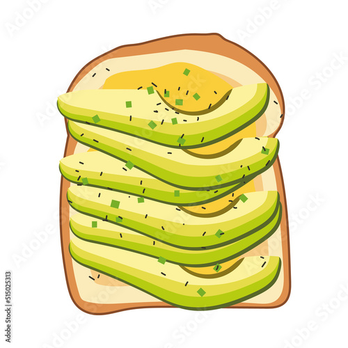 Avocado toast with fresh slices of ripe avocado, seasonings and dill. A delicious avocado sandwich. Vector illustration isolated on a white background