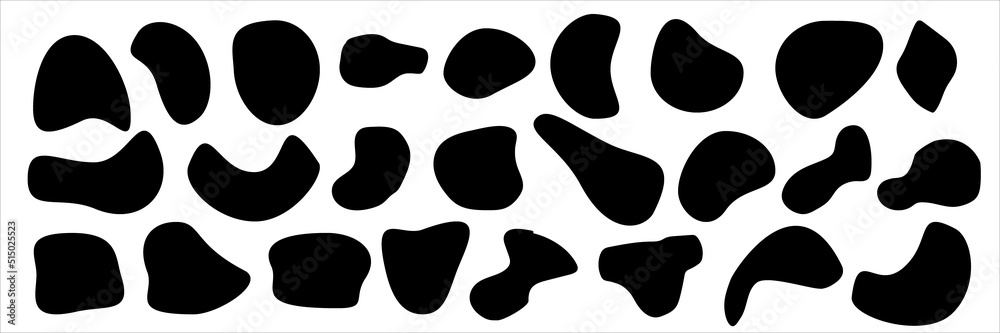 Set of different blotch shapes. Random abstract liquid shapes, round abstract organic elements. Pebble, drops and blobs silhouettes. Simple rounded shapes. Vector illustration