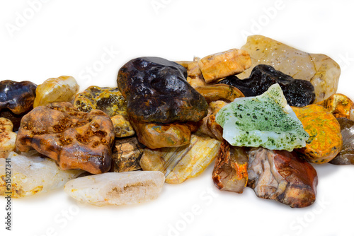 Colorful collection of small river stones on white background, River stones background.