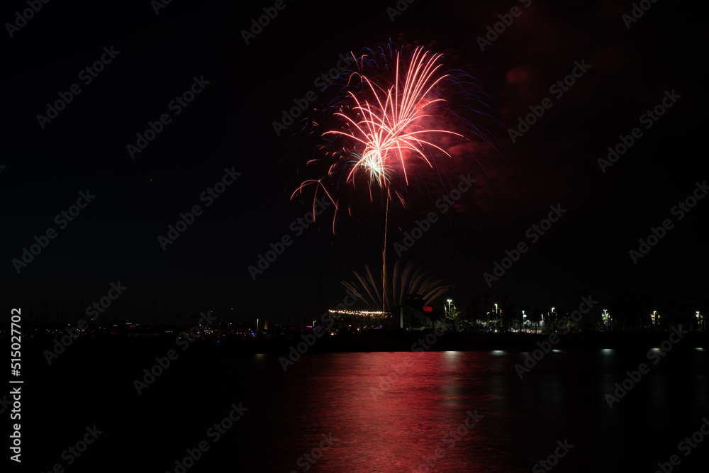 Fireworks shoot over Alamitos Bay in Long Beach to celebrate July 4th holiday. Fireworks shoot over Alamitos Bay in Long Beach to celebrate July 4th holiday.