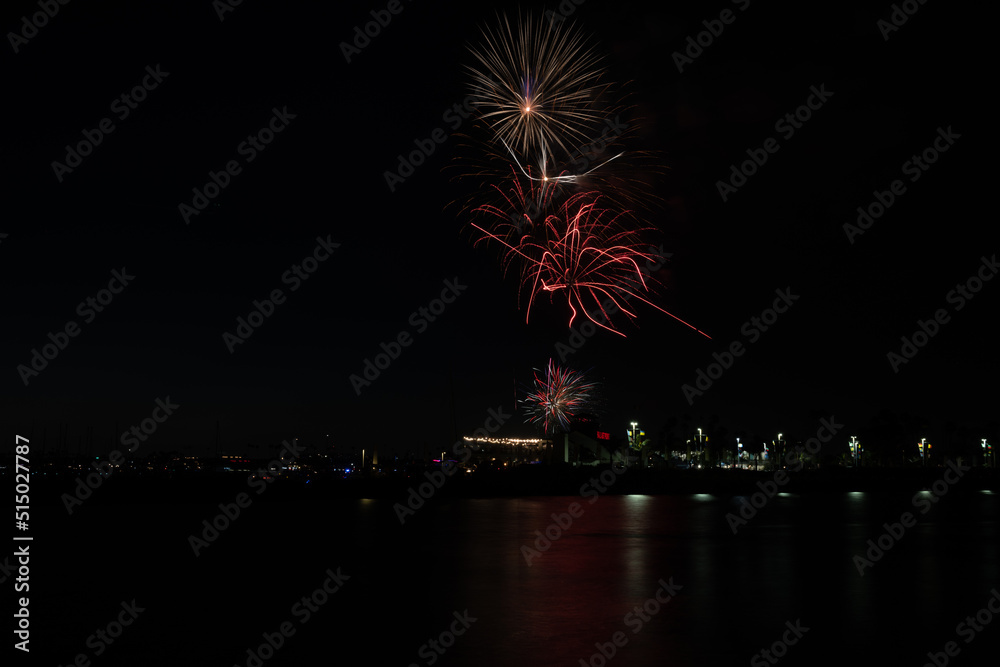 Fireworks shoot over Alamitos Bay in Long Beach to celebrate July 4th holiday. Fireworks shoot over Alamitos Bay in Long Beach to celebrate July 4th holiday.