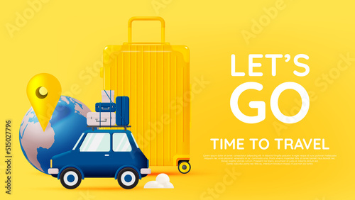 Roadtrip with car and luggage and hot color scheme