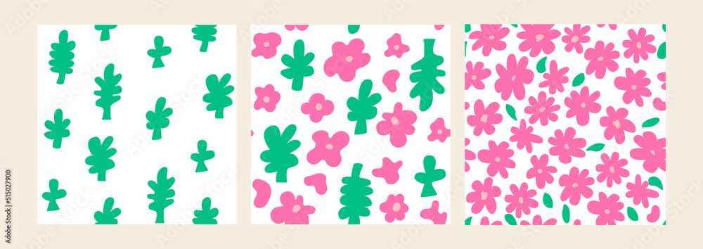 Set of seamless patterns with abstract flowers and leaves. Naive art. Flat vector background. Abstract organic shapes