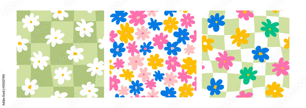 custom made wallpaper toronto digitalSet of cute hippie and groovy seamless patterns with colorful daisy flowers and distorted cage. Fashionable background in 00s, 90s, y2k style. 