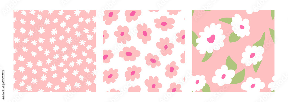 Set of floral blossom vector backgrounds. Seamless patterns with abstract flowers in pink and white colors