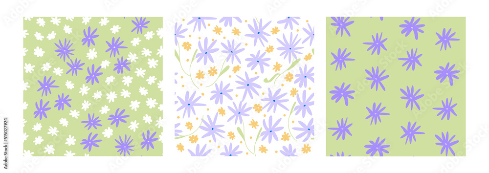 Set of seamless patterns with cute small flowers. Vector blossom background in purple and green colors Set of seamless patterns with cute small flowers. Vector blossom background in purple and green colors