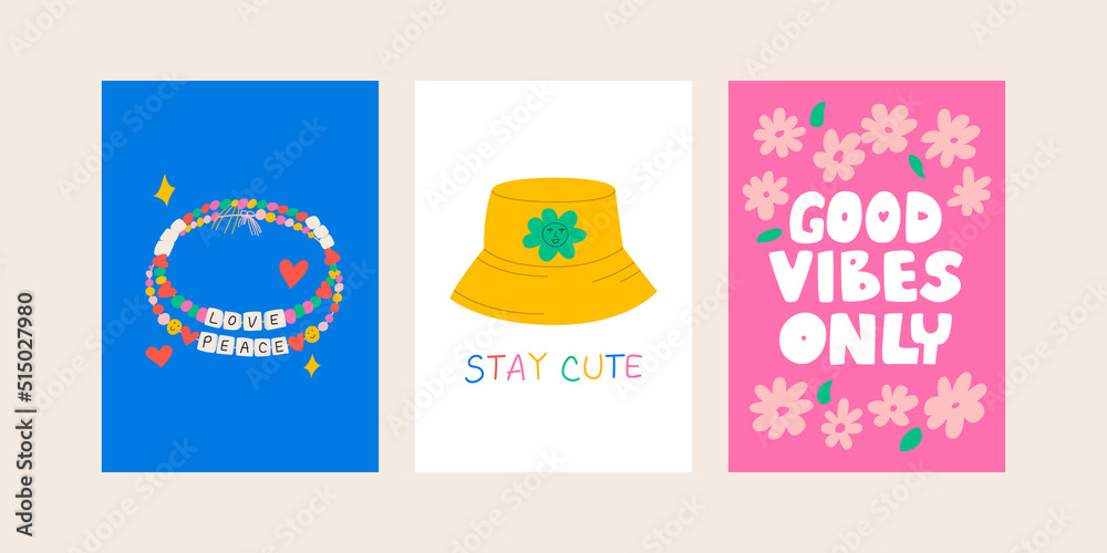 Set of cute posters with illustrations of beads bracelets, panama hat, flowers and lettering good vibes only. Greeting cards in kidcore, 90s, 00s style. Vector illustration Set of cute posters with illustrations of beads bracelets, panama hat, flowers and lettering good vibes only. Greeting cards in kidcore, 90s, 00s style. Vector illustration