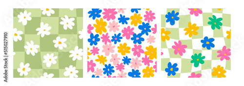 Set of cute hippie and groovy seamless patterns with colorful daisy flowers and distorted cage. Fashionable background in 00s, 90s, y2k style. 
