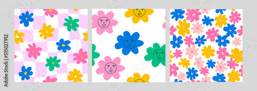Set of cute seamless pattern with abstract colorful daisy flowers with faces and wavy psychedelic checkerboard. Vector background in 90s, 00s and kidcore style
