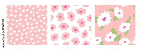 Set of floral blossom vector backgrounds. Seamless patterns with abstract flowers in pink and white colors