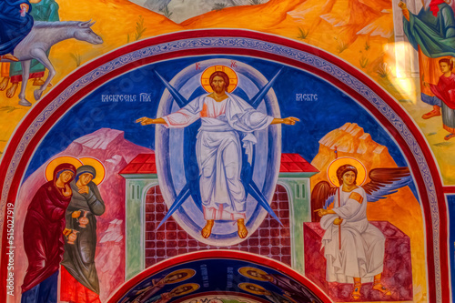 Religious decorations inside Church of the Shroud of the Holy Virgin in Belgrade, Serbia.