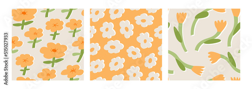 Set of floral seamless patterns with abstract cut out flowers in retro style. Botanical blossom vector backgrounds with orange daisy flowers and tulips. Stylized contemporary backdrop.