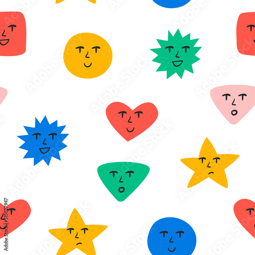 Cute childish seamless patterns. Abstract colorful organic, geometric shapes, hearts and stars with funny faces. Vector background in 90s, 00s and kidcore style