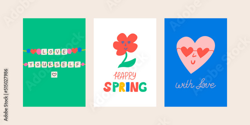Set of cute posters with illustrations of beads bracelets, flower, heart in sunglasses and lettering happy spring. Greeting cards in kidcore style. Vector illustration