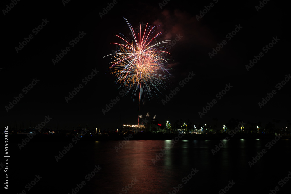 Fireworks shoot over Alamitos Bay in Long Beach to celebrate July 4th holiday. Fireworks shoot over Alamitos Bay in Long Beach to celebrate July 4th holiday.