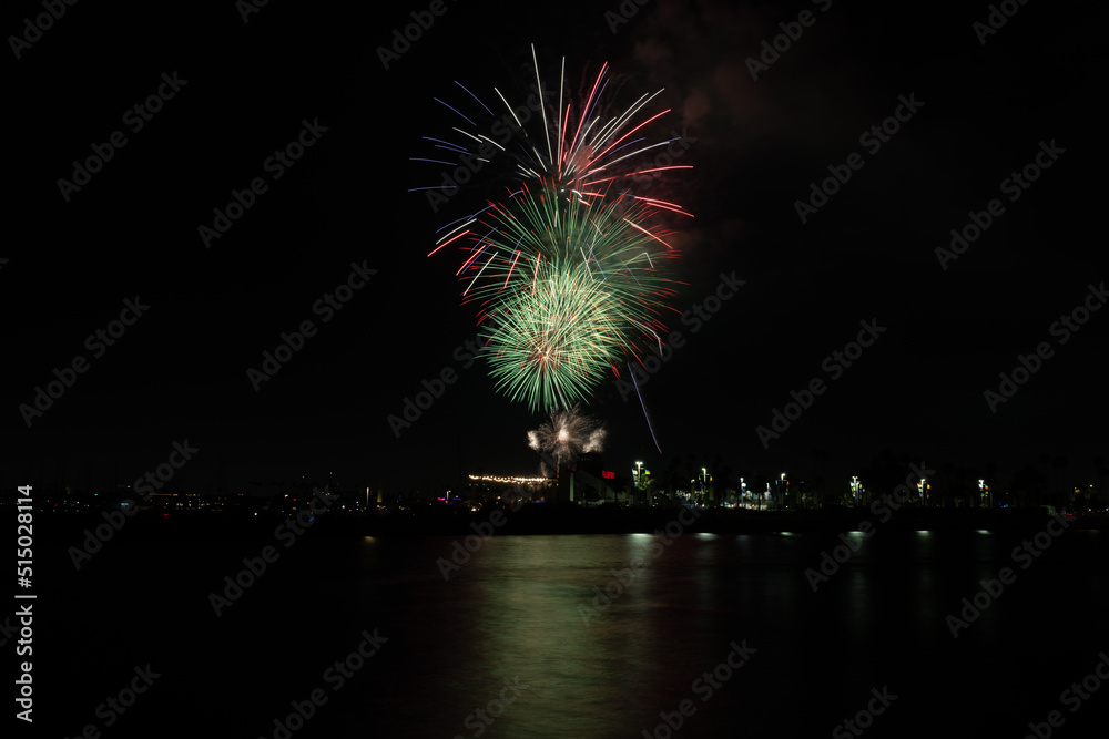 Fireworks shoot over Alamitos Bay in Long Beach to celebrate July 4th holiday. Fireworks shoot over Alamitos Bay in Long Beach to celebrate July 4th holiday.